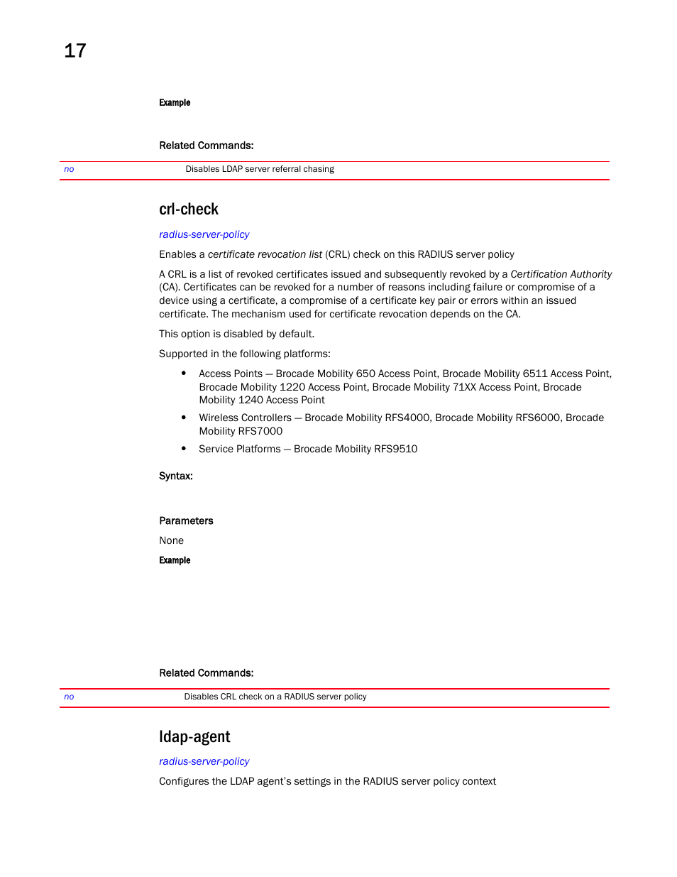 Crl-check, Ldap-agent | Brocade Mobility RFS Controller CLI Reference Guide (Supporting software release 5.5.0.0 and later) User Manual | Page 1061 / 1355