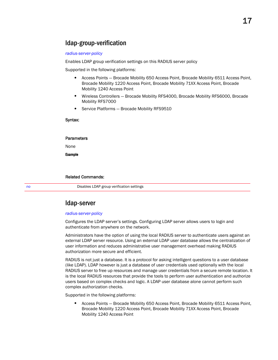 Ldap-group-verification, Ldap-server, Ldap-group-verificatio n | Brocade Mobility RFS Controller CLI Reference Guide (Supporting software release 5.5.0.0 and later) User Manual | Page 1064 / 1355