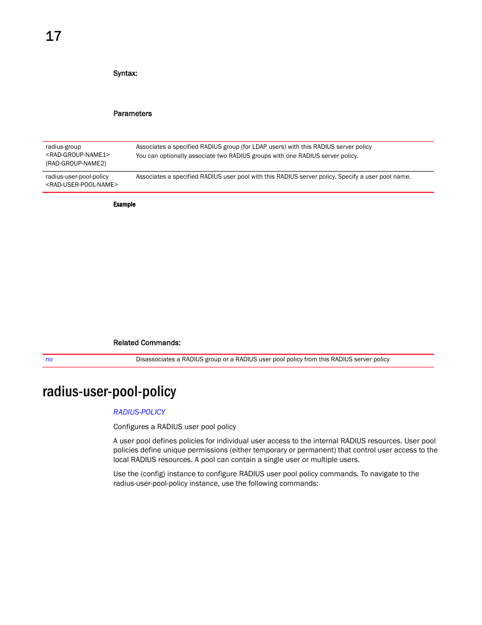 Radius-user-pool-policy | Brocade Mobility RFS Controller CLI Reference Guide (Supporting software release 5.5.0.0 and later) User Manual | Page 1075 / 1355