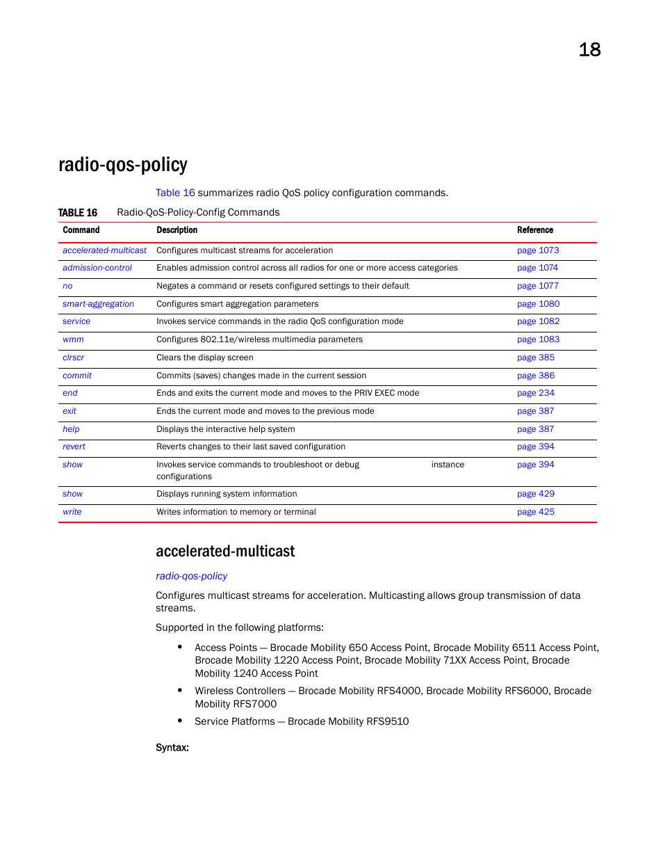 Radio-qos-policy, Accelerated-multicast | Brocade Mobility RFS Controller CLI Reference Guide (Supporting software release 5.5.0.0 and later) User Manual | Page 1081 / 1355