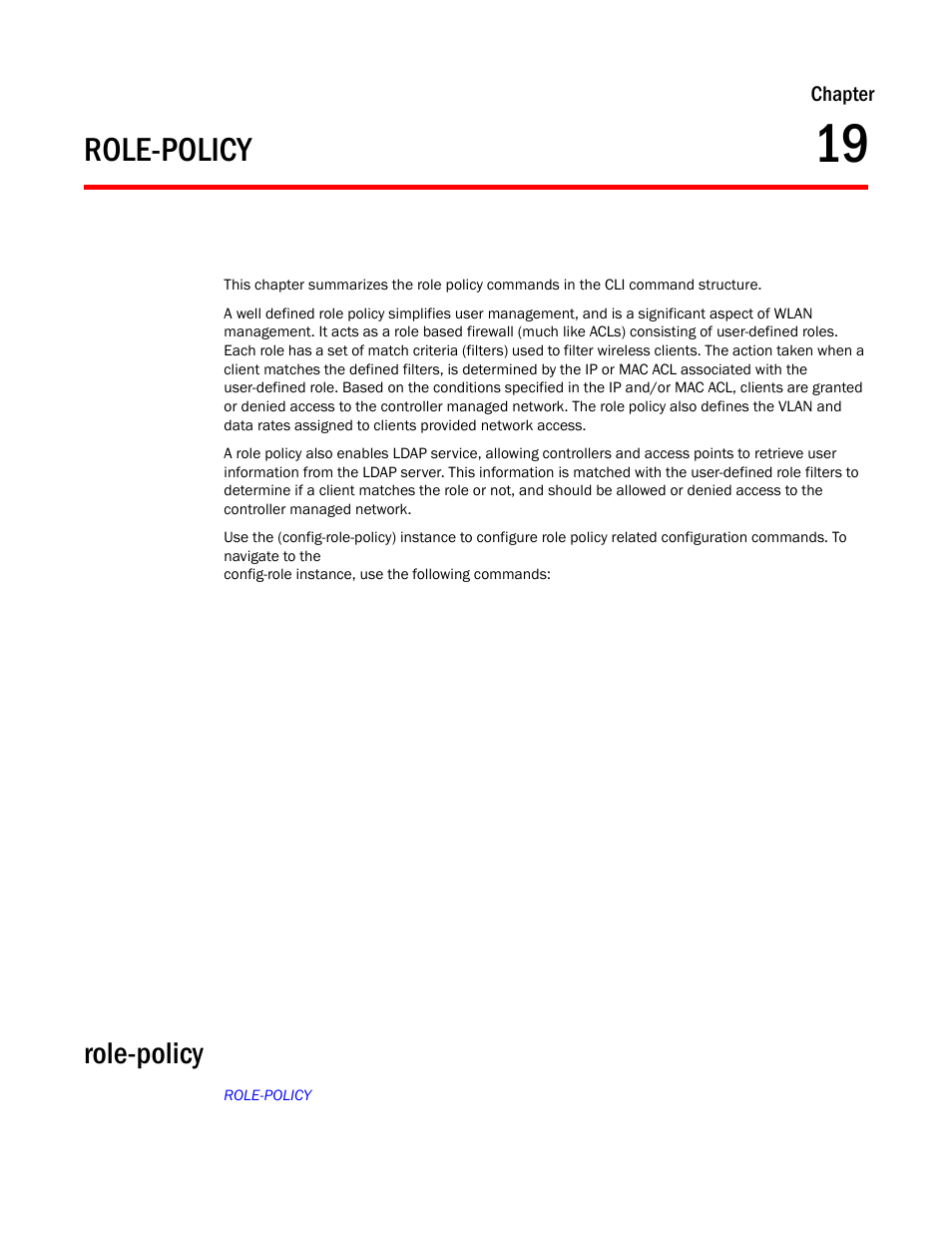 Role-policy, Chapter 19, Chapter | Brocade Mobility RFS Controller CLI Reference Guide (Supporting software release 5.5.0.0 and later) User Manual | Page 1095 / 1355