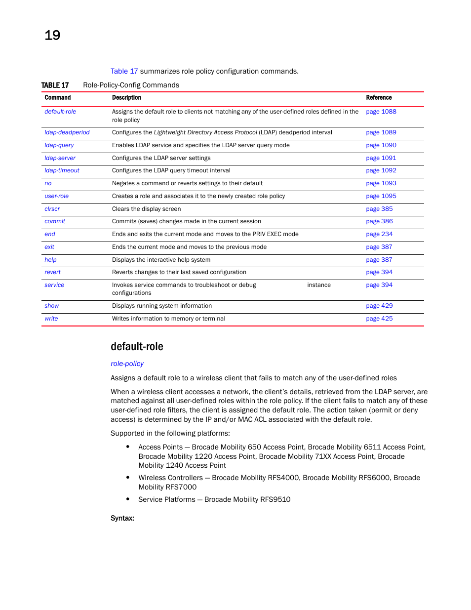 Default-role | Brocade Mobility RFS Controller CLI Reference Guide (Supporting software release 5.5.0.0 and later) User Manual | Page 1096 / 1355