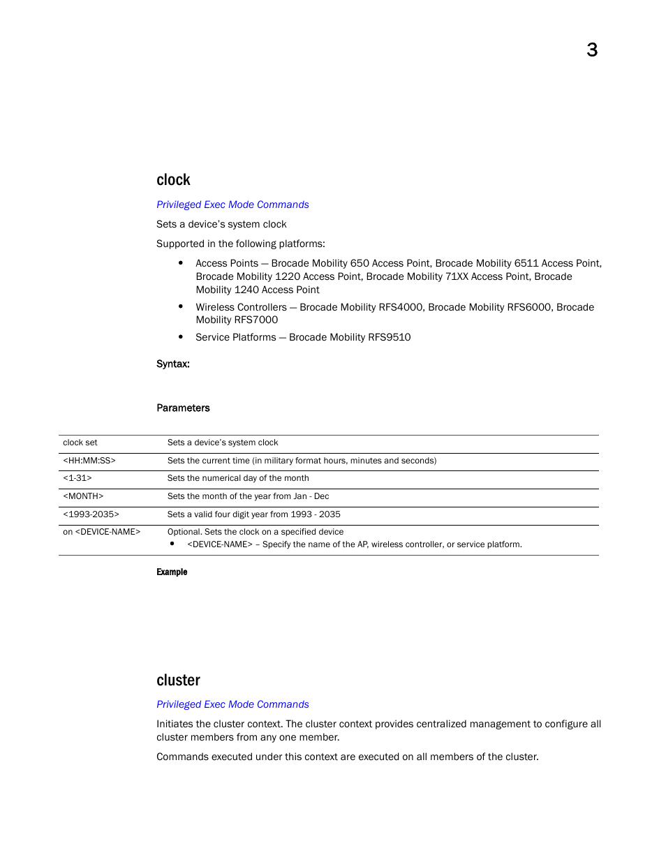 Clock, Cluster | Brocade Mobility RFS Controller CLI Reference Guide (Supporting software release 5.5.0.0 and later) User Manual | Page 110 / 1355