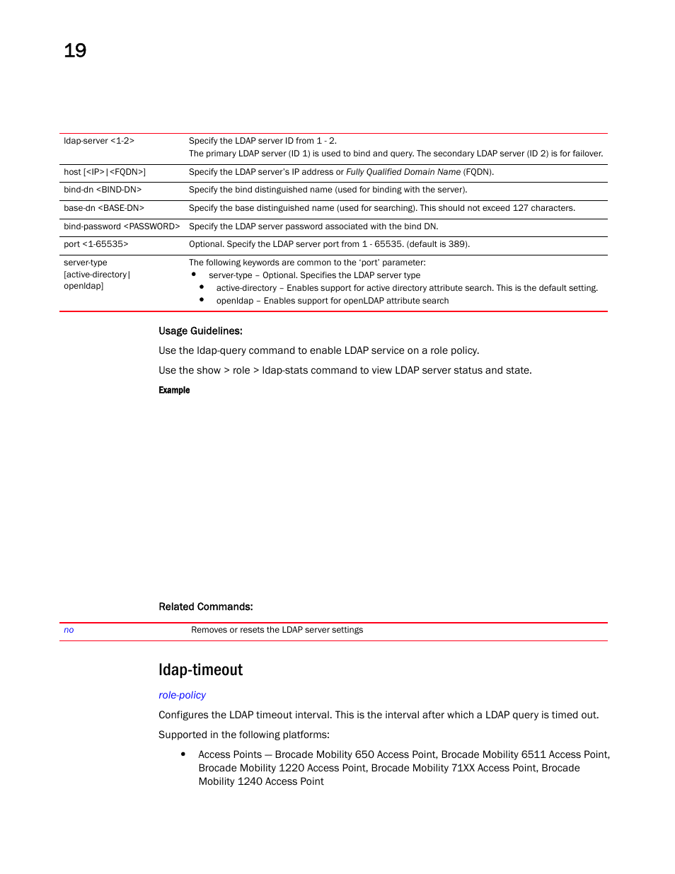 Ldap-timeout | Brocade Mobility RFS Controller CLI Reference Guide (Supporting software release 5.5.0.0 and later) User Manual | Page 1100 / 1355