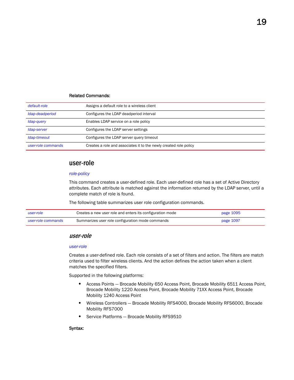 User-role | Brocade Mobility RFS Controller CLI Reference Guide (Supporting software release 5.5.0.0 and later) User Manual | Page 1103 / 1355