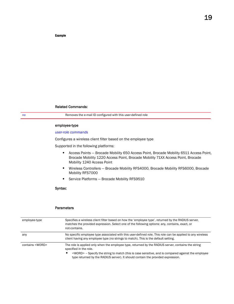 Employee-type | Brocade Mobility RFS Controller CLI Reference Guide (Supporting software release 5.5.0.0 and later) User Manual | Page 1117 / 1355