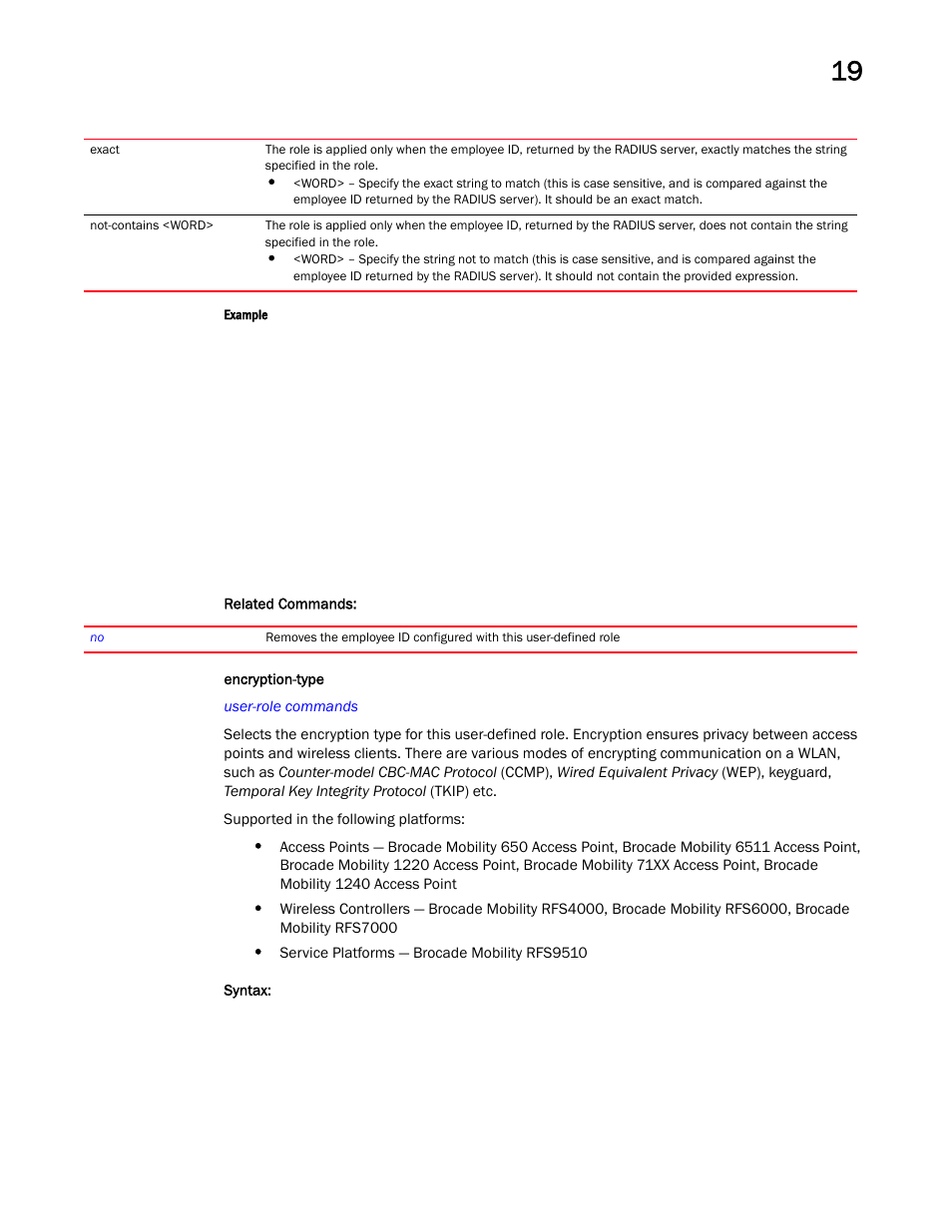 Encryption-type | Brocade Mobility RFS Controller CLI Reference Guide (Supporting software release 5.5.0.0 and later) User Manual | Page 1119 / 1355