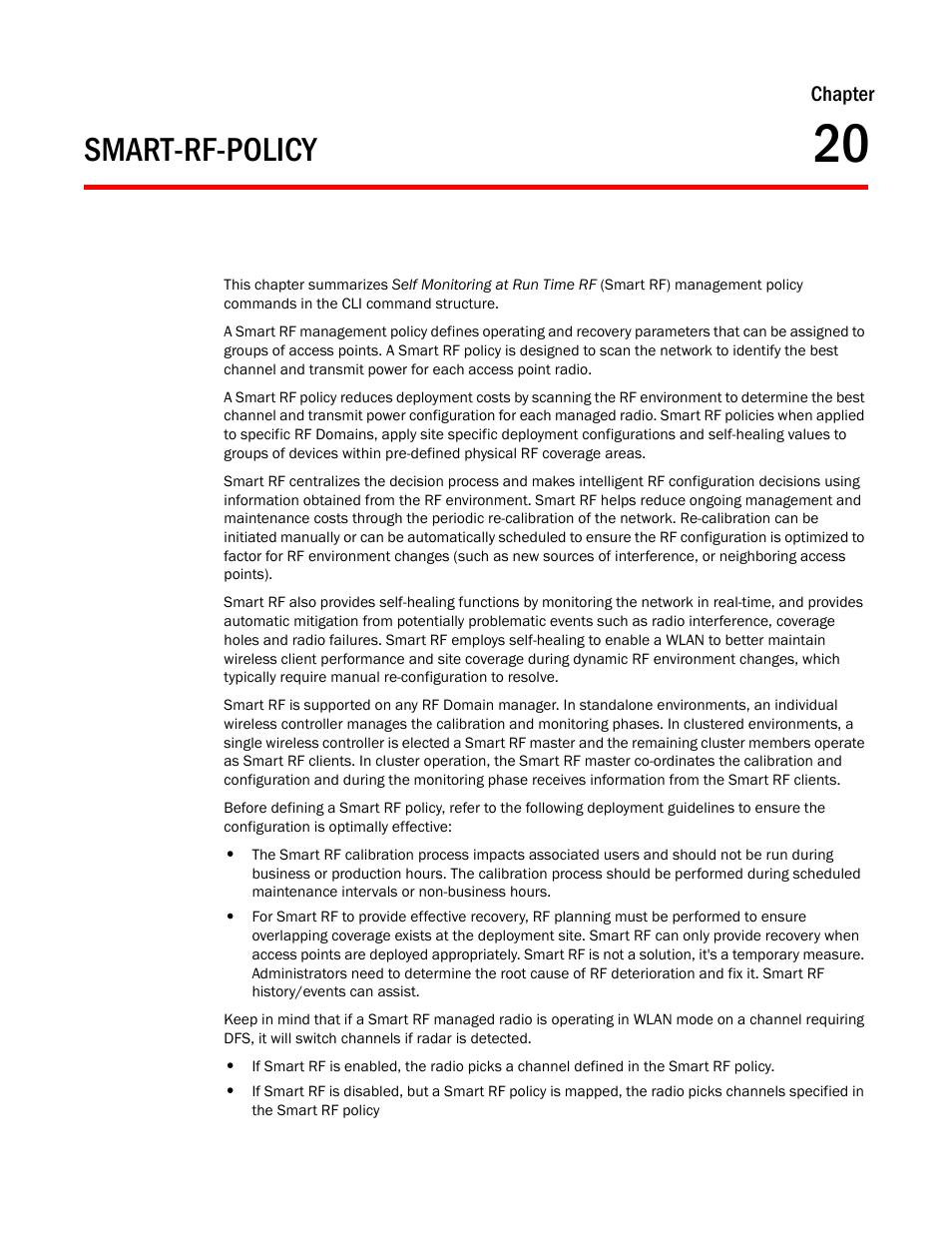 Smart-rf-policy, Chapter 20, Chapter 20, smart-rf-policy | Brocade Mobility RFS Controller CLI Reference Guide (Supporting software release 5.5.0.0 and later) User Manual | Page 1133 / 1355