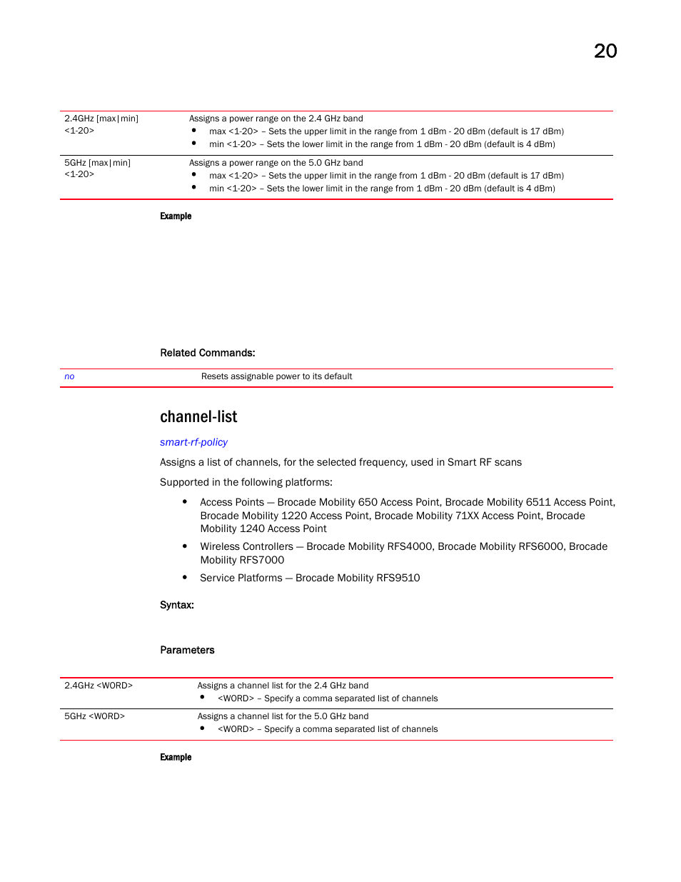 Channel-list | Brocade Mobility RFS Controller CLI Reference Guide (Supporting software release 5.5.0.0 and later) User Manual | Page 1137 / 1355