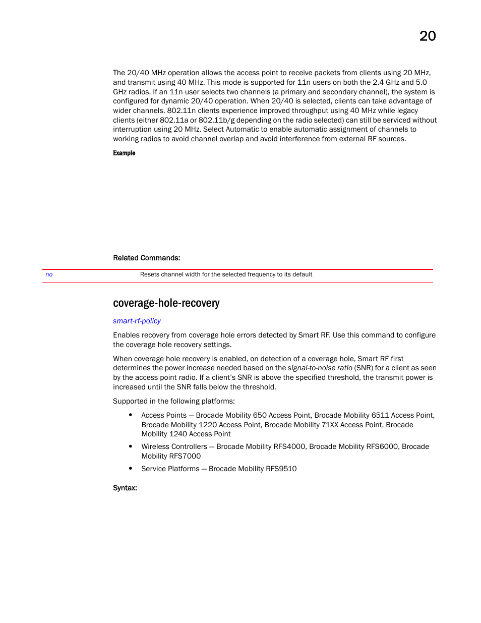 Coverage-hole-recovery, Coverage-hole-recov ery | Brocade Mobility RFS Controller CLI Reference Guide (Supporting software release 5.5.0.0 and later) User Manual | Page 1139 / 1355