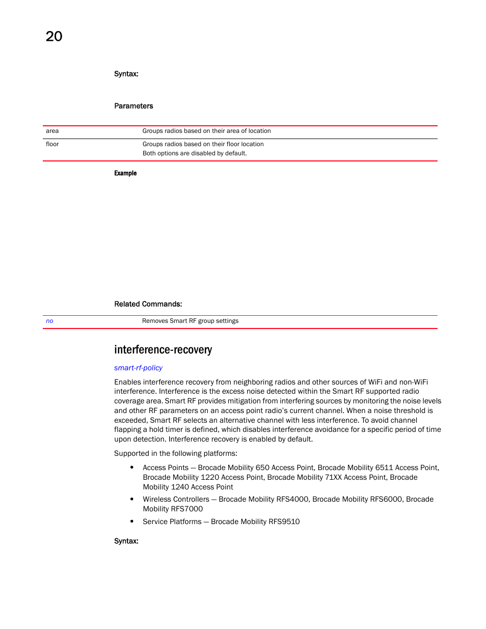 Interference-recovery, Interference-recover y | Brocade Mobility RFS Controller CLI Reference Guide (Supporting software release 5.5.0.0 and later) User Manual | Page 1142 / 1355