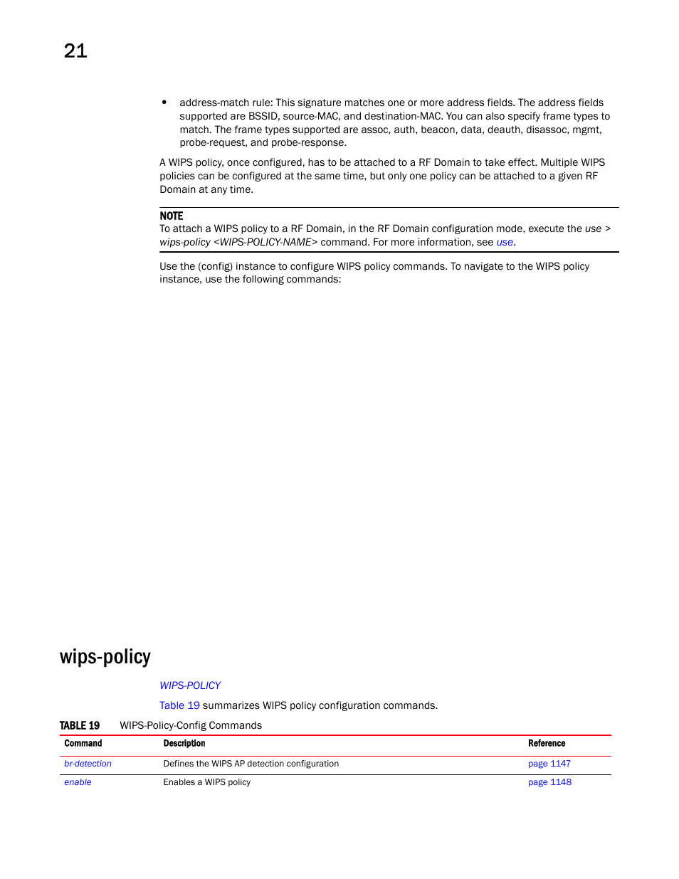 Wips-policy | Brocade Mobility RFS Controller CLI Reference Guide (Supporting software release 5.5.0.0 and later) User Manual | Page 1154 / 1355