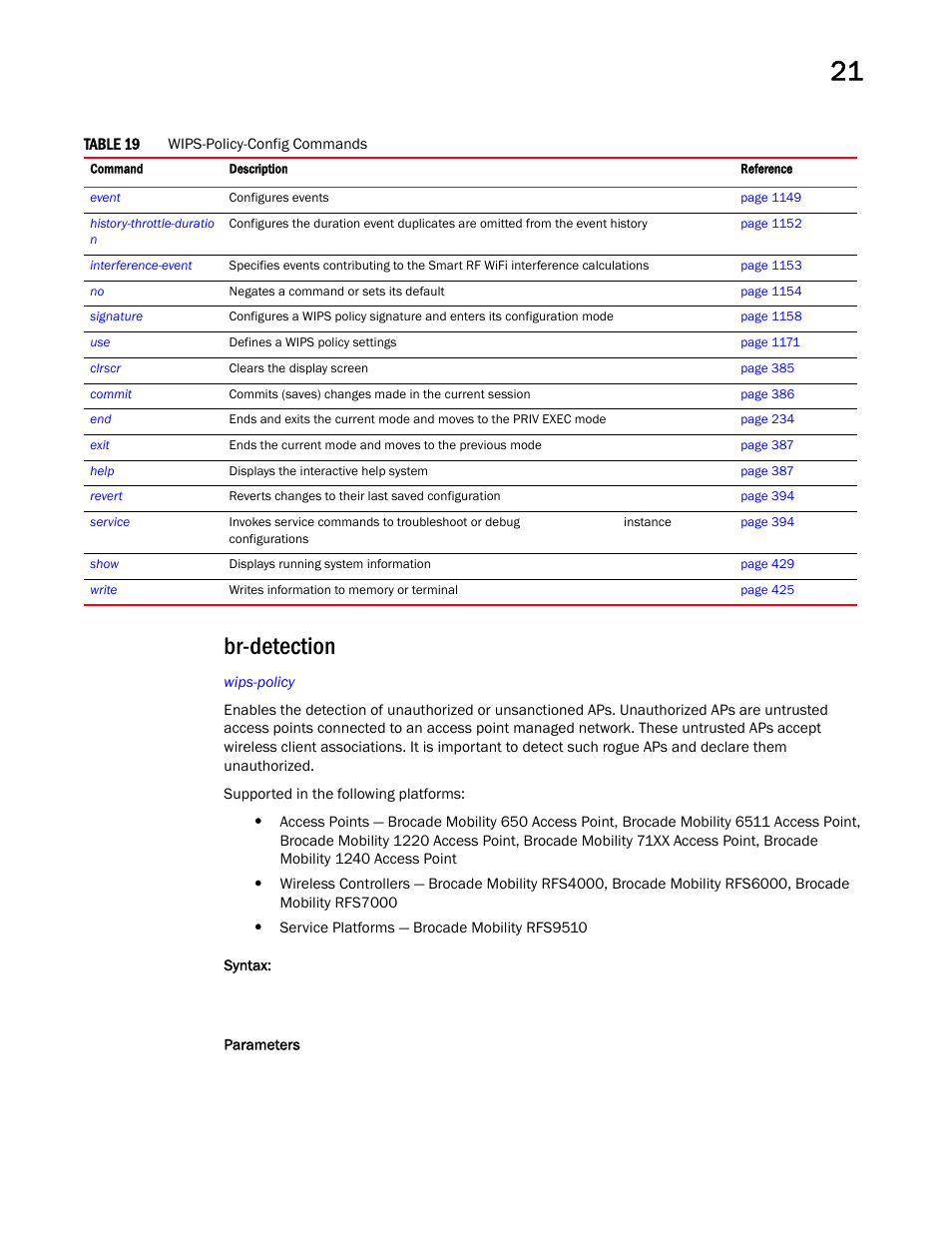 Br-detection | Brocade Mobility RFS Controller CLI Reference Guide (Supporting software release 5.5.0.0 and later) User Manual | Page 1155 / 1355