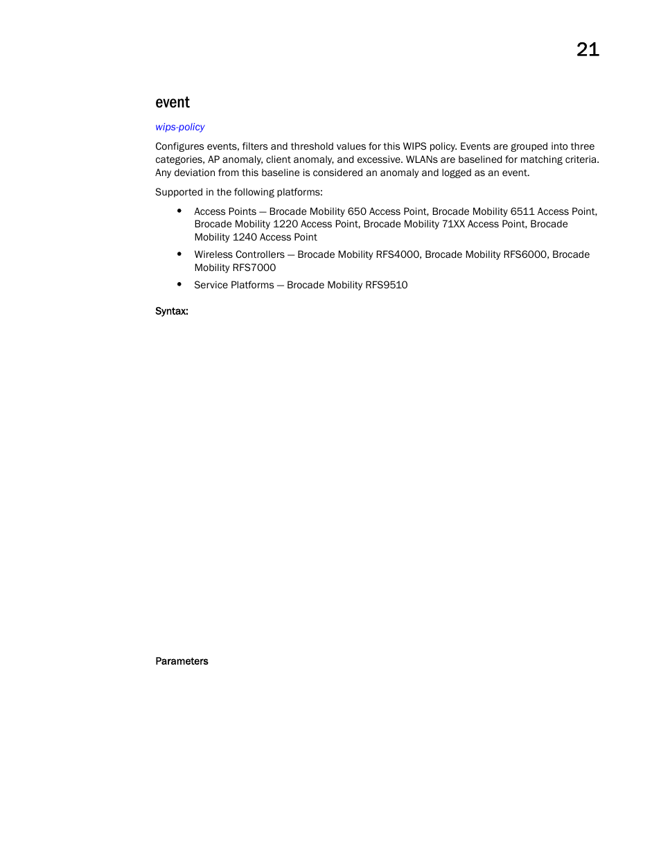 Event | Brocade Mobility RFS Controller CLI Reference Guide (Supporting software release 5.5.0.0 and later) User Manual | Page 1157 / 1355