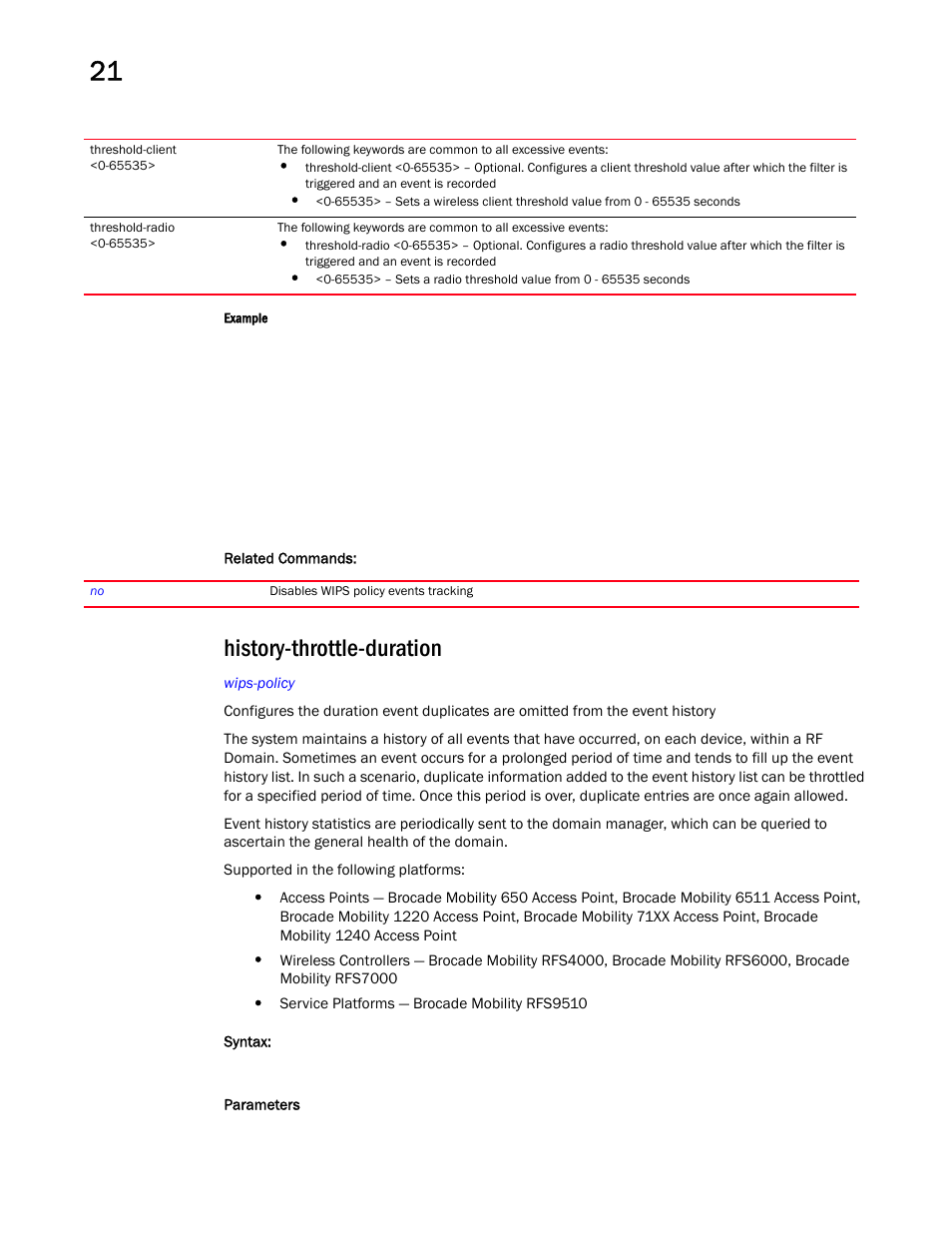 History-throttle-duration, History-throttle-duratio n | Brocade Mobility RFS Controller CLI Reference Guide (Supporting software release 5.5.0.0 and later) User Manual | Page 1160 / 1355