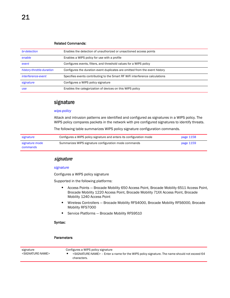 Signature | Brocade Mobility RFS Controller CLI Reference Guide (Supporting software release 5.5.0.0 and later) User Manual | Page 1166 / 1355