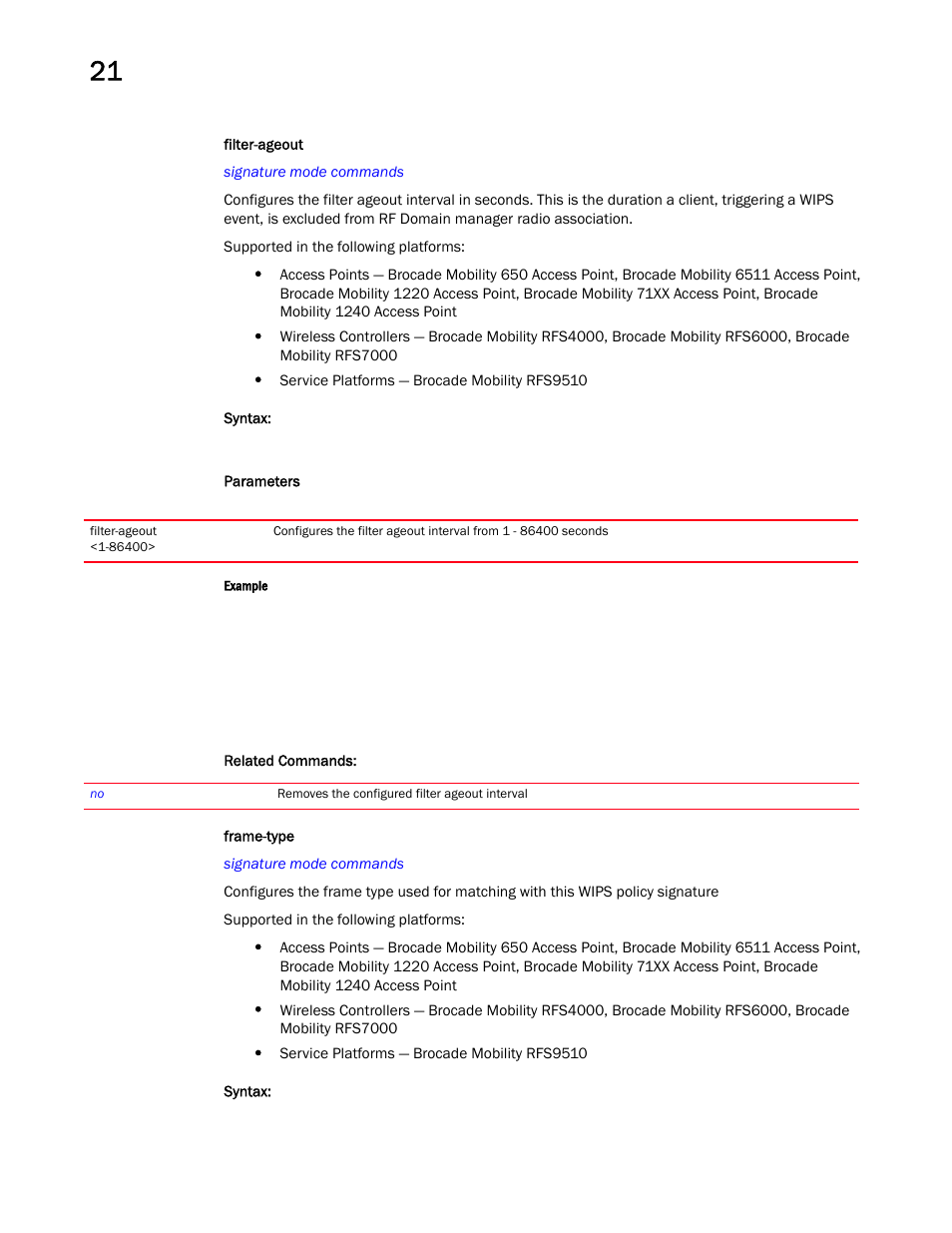 Filter-ageout, Frame-type | Brocade Mobility RFS Controller CLI Reference Guide (Supporting software release 5.5.0.0 and later) User Manual | Page 1170 / 1355