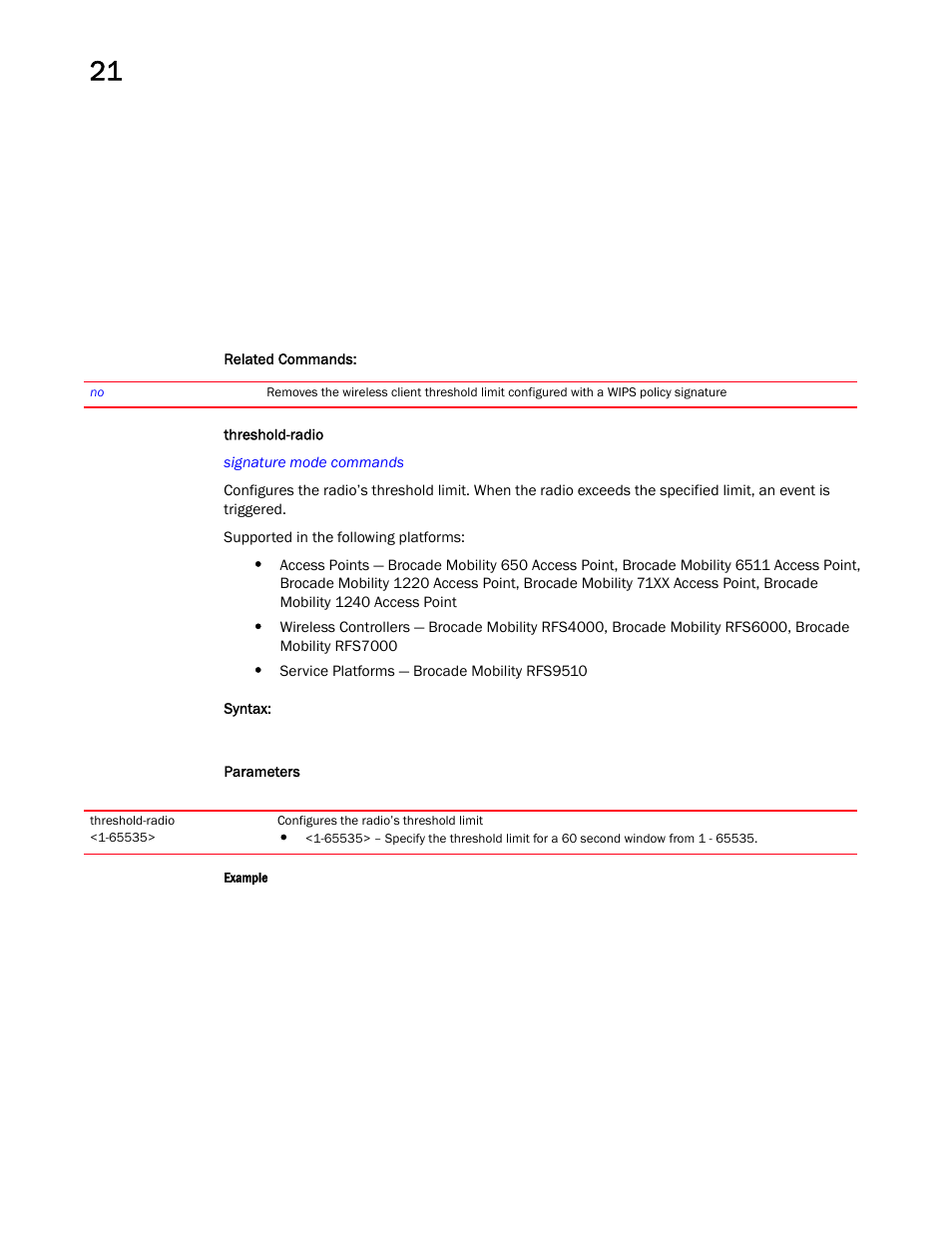 Threshold-radio | Brocade Mobility RFS Controller CLI Reference Guide (Supporting software release 5.5.0.0 and later) User Manual | Page 1176 / 1355