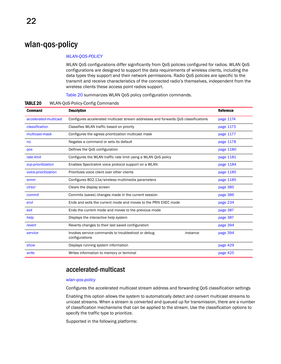 Wlan-qos-policy, Accelerated-multicast | Brocade Mobility RFS Controller CLI Reference Guide (Supporting software release 5.5.0.0 and later) User Manual | Page 1182 / 1355