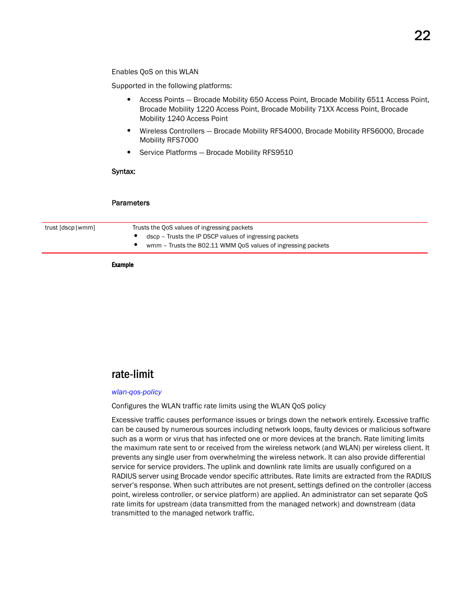 Rate-limit | Brocade Mobility RFS Controller CLI Reference Guide (Supporting software release 5.5.0.0 and later) User Manual | Page 1189 / 1355