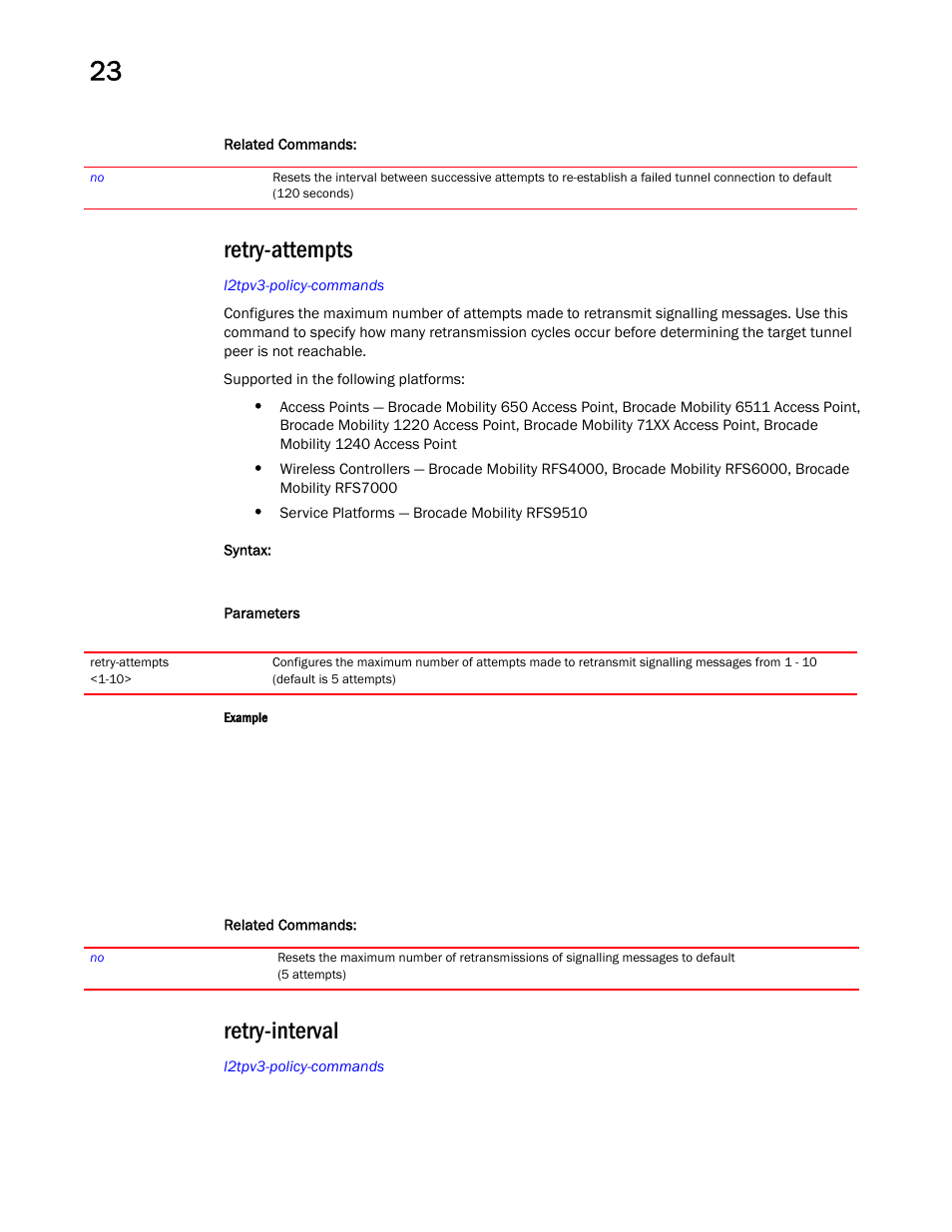 Retry-attempts, Retry-interval | Brocade Mobility RFS Controller CLI Reference Guide (Supporting software release 5.5.0.0 and later) User Manual | Page 1206 / 1355