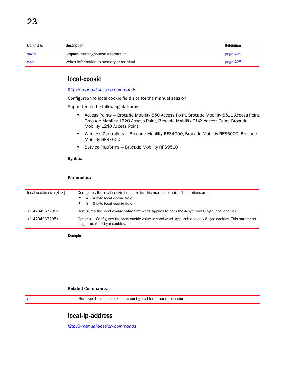 Local-cookie, Local-ip-address | Brocade Mobility RFS Controller CLI Reference Guide (Supporting software release 5.5.0.0 and later) User Manual | Page 1222 / 1355