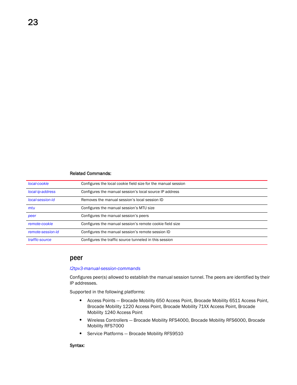 Peer | Brocade Mobility RFS Controller CLI Reference Guide (Supporting software release 5.5.0.0 and later) User Manual | Page 1226 / 1355