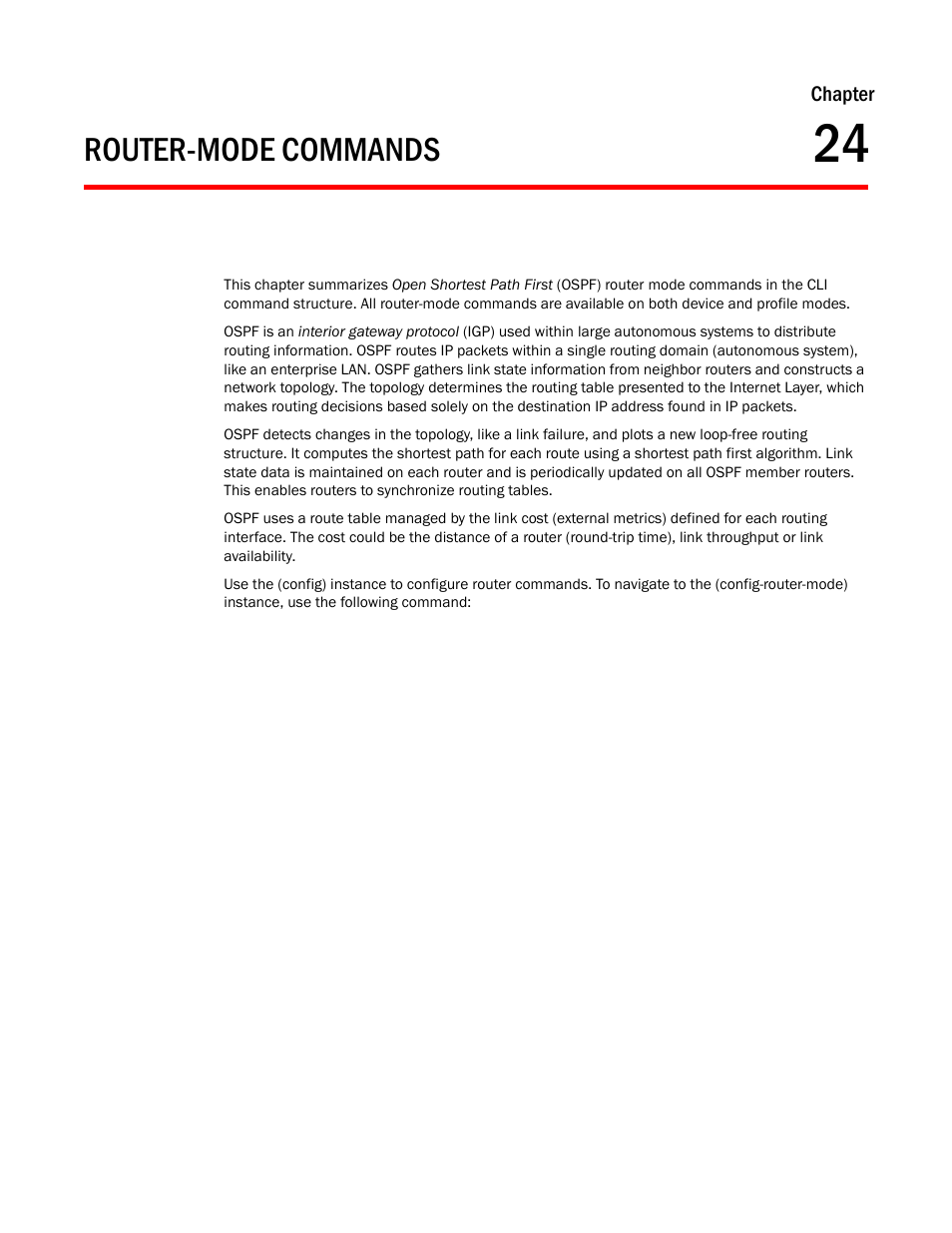 Router-mode commands, Chapter 24, Chapter | Brocade Mobility RFS Controller CLI Reference Guide (Supporting software release 5.5.0.0 and later) User Manual | Page 1231 / 1355