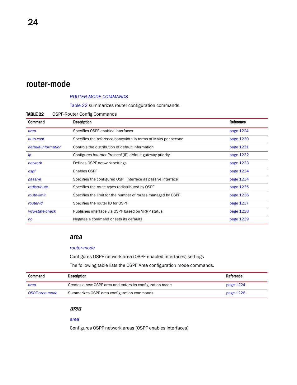 Router-mode, Area | Brocade Mobility RFS Controller CLI Reference Guide (Supporting software release 5.5.0.0 and later) User Manual | Page 1232 / 1355