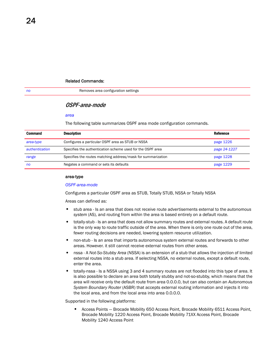 Ospf-area-mode | Brocade Mobility RFS Controller CLI Reference Guide (Supporting software release 5.5.0.0 and later) User Manual | Page 1234 / 1355