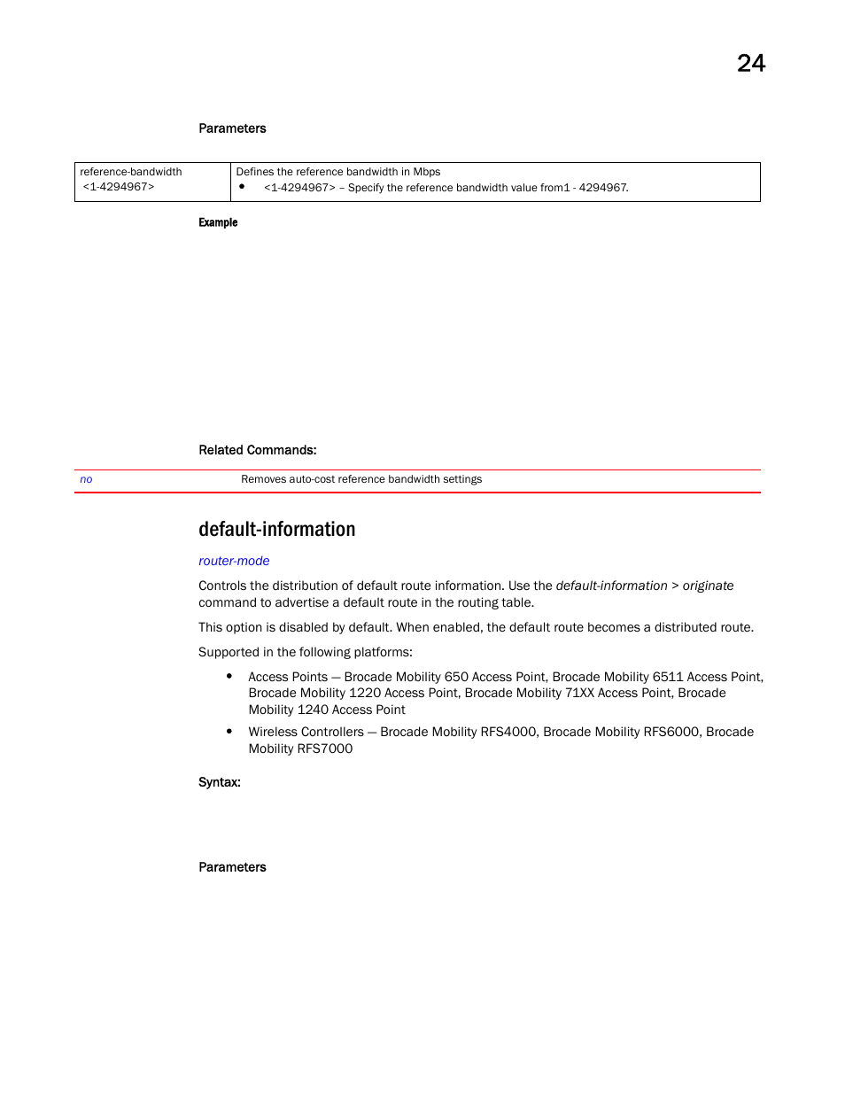 Default-information | Brocade Mobility RFS Controller CLI Reference Guide (Supporting software release 5.5.0.0 and later) User Manual | Page 1239 / 1355