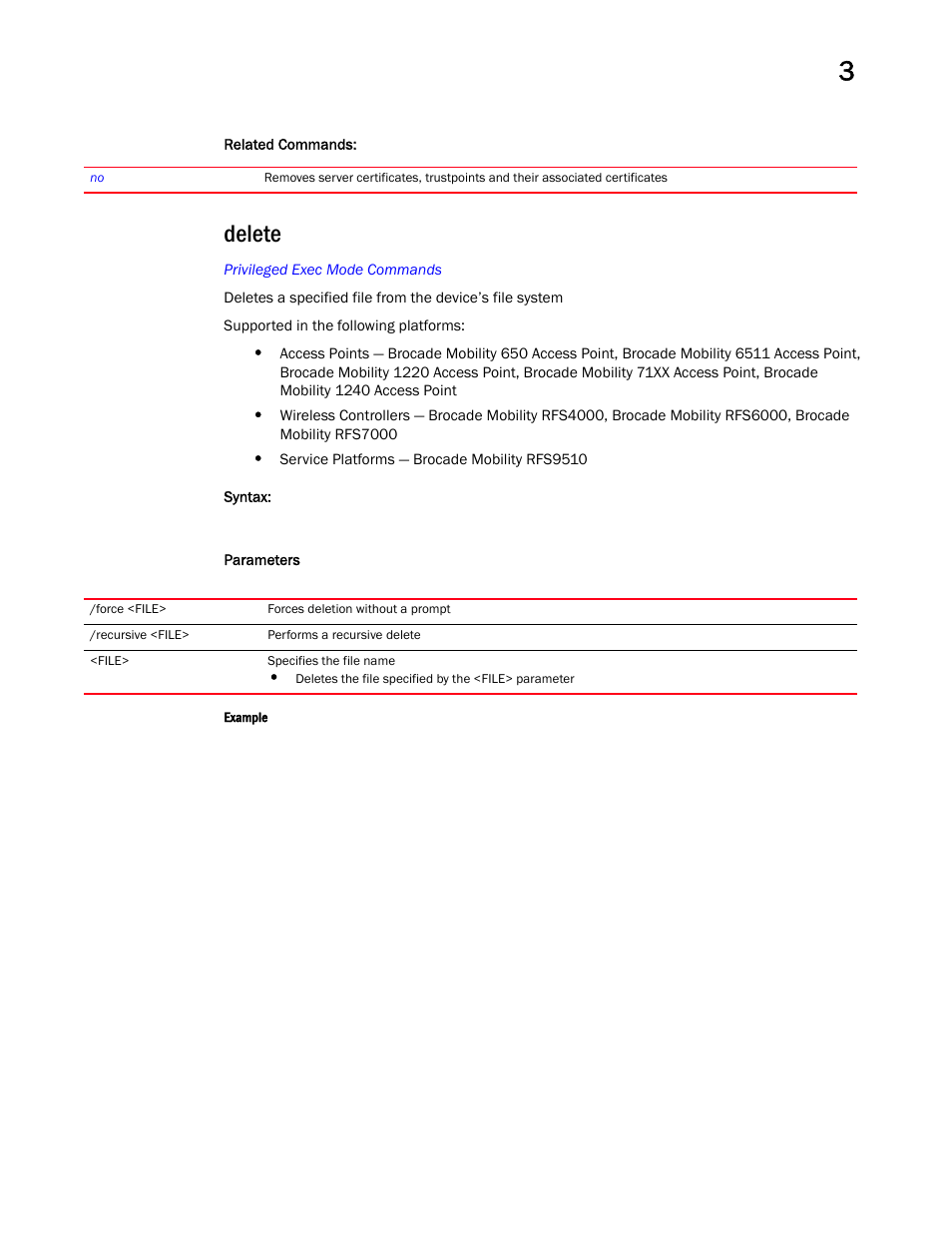 Delete | Brocade Mobility RFS Controller CLI Reference Guide (Supporting software release 5.5.0.0 and later) User Manual | Page 124 / 1355