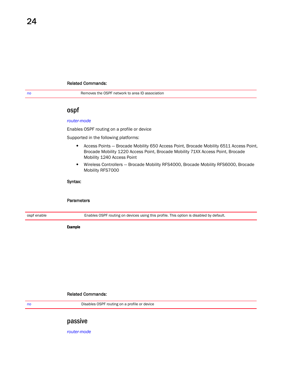 Ospf, Passive | Brocade Mobility RFS Controller CLI Reference Guide (Supporting software release 5.5.0.0 and later) User Manual | Page 1242 / 1355