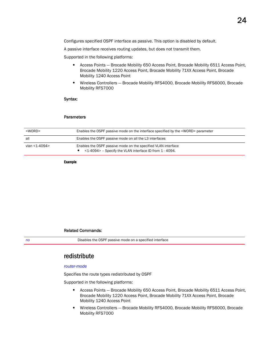 Redistribute | Brocade Mobility RFS Controller CLI Reference Guide (Supporting software release 5.5.0.0 and later) User Manual | Page 1243 / 1355