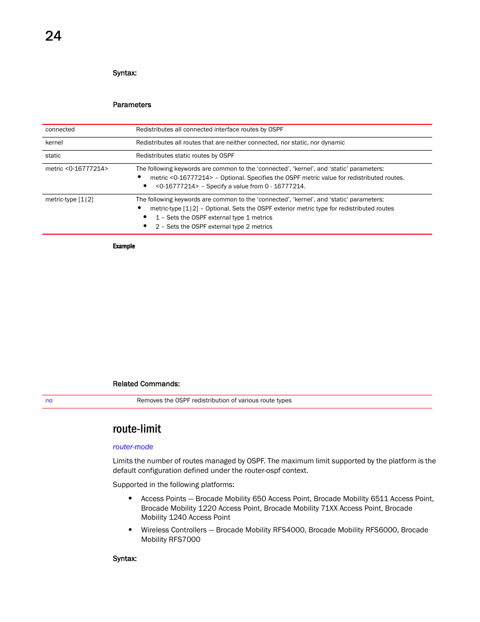 Route-limit | Brocade Mobility RFS Controller CLI Reference Guide (Supporting software release 5.5.0.0 and later) User Manual | Page 1244 / 1355