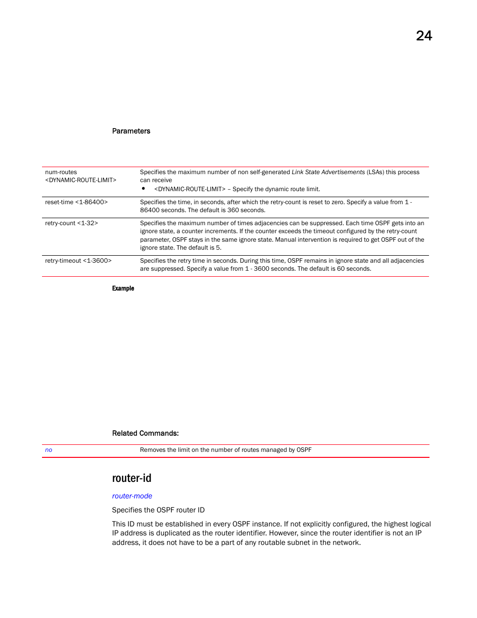 Router-id | Brocade Mobility RFS Controller CLI Reference Guide (Supporting software release 5.5.0.0 and later) User Manual | Page 1245 / 1355