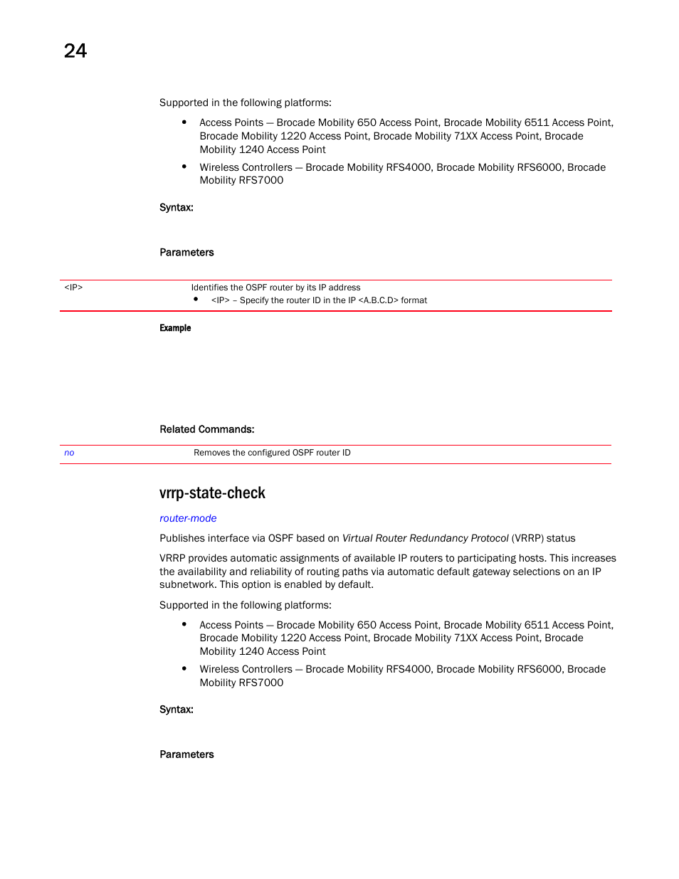 Vrrp-state-check | Brocade Mobility RFS Controller CLI Reference Guide (Supporting software release 5.5.0.0 and later) User Manual | Page 1246 / 1355