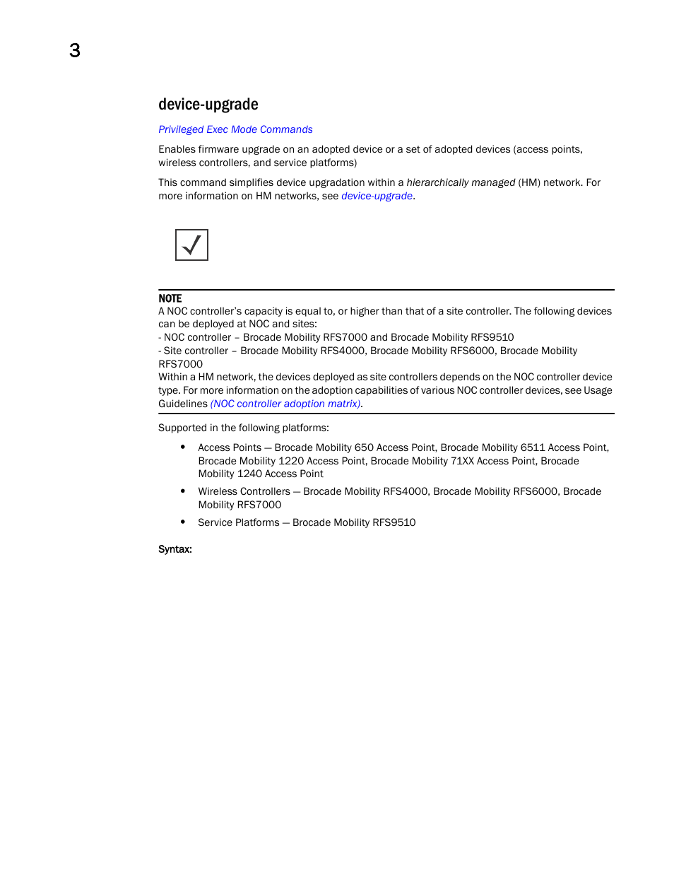 Device-upgrade | Brocade Mobility RFS Controller CLI Reference Guide (Supporting software release 5.5.0.0 and later) User Manual | Page 125 / 1355