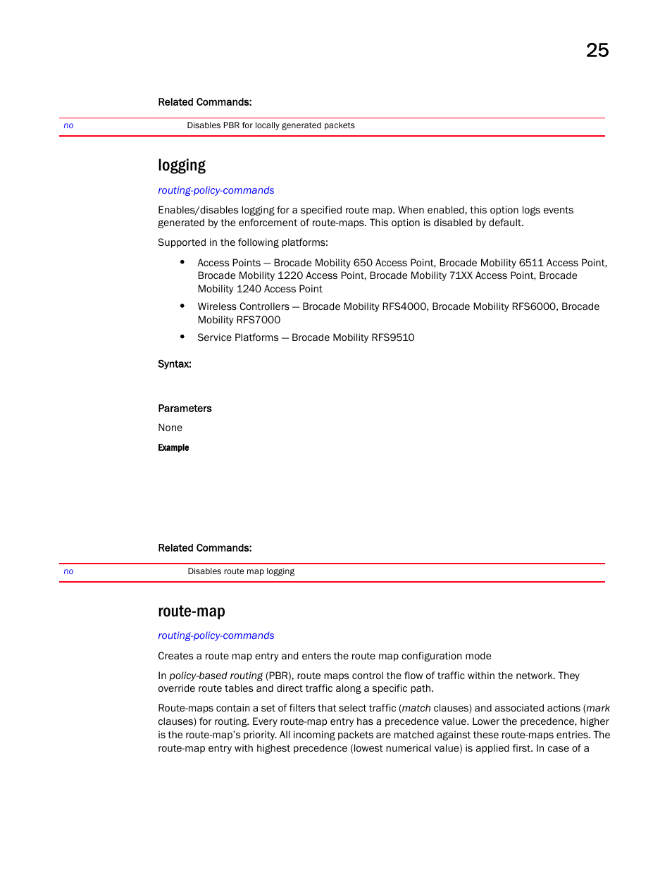 Logging, Route-map | Brocade Mobility RFS Controller CLI Reference Guide (Supporting software release 5.5.0.0 and later) User Manual | Page 1251 / 1355