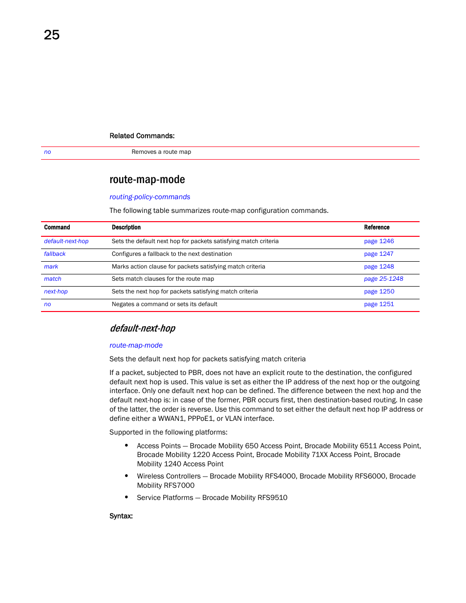 Route-map-mode, Default-next-hop | Brocade Mobility RFS Controller CLI Reference Guide (Supporting software release 5.5.0.0 and later) User Manual | Page 1254 / 1355