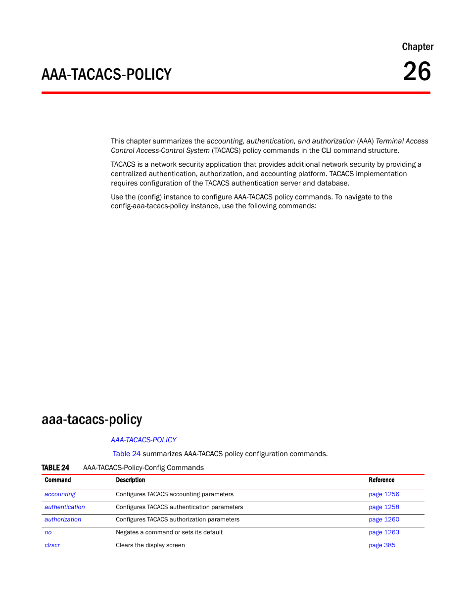 Aaa-tacacs-policy, Chapter 26, Chapter | Brocade Mobility RFS Controller CLI Reference Guide (Supporting software release 5.5.0.0 and later) User Manual | Page 1263 / 1355