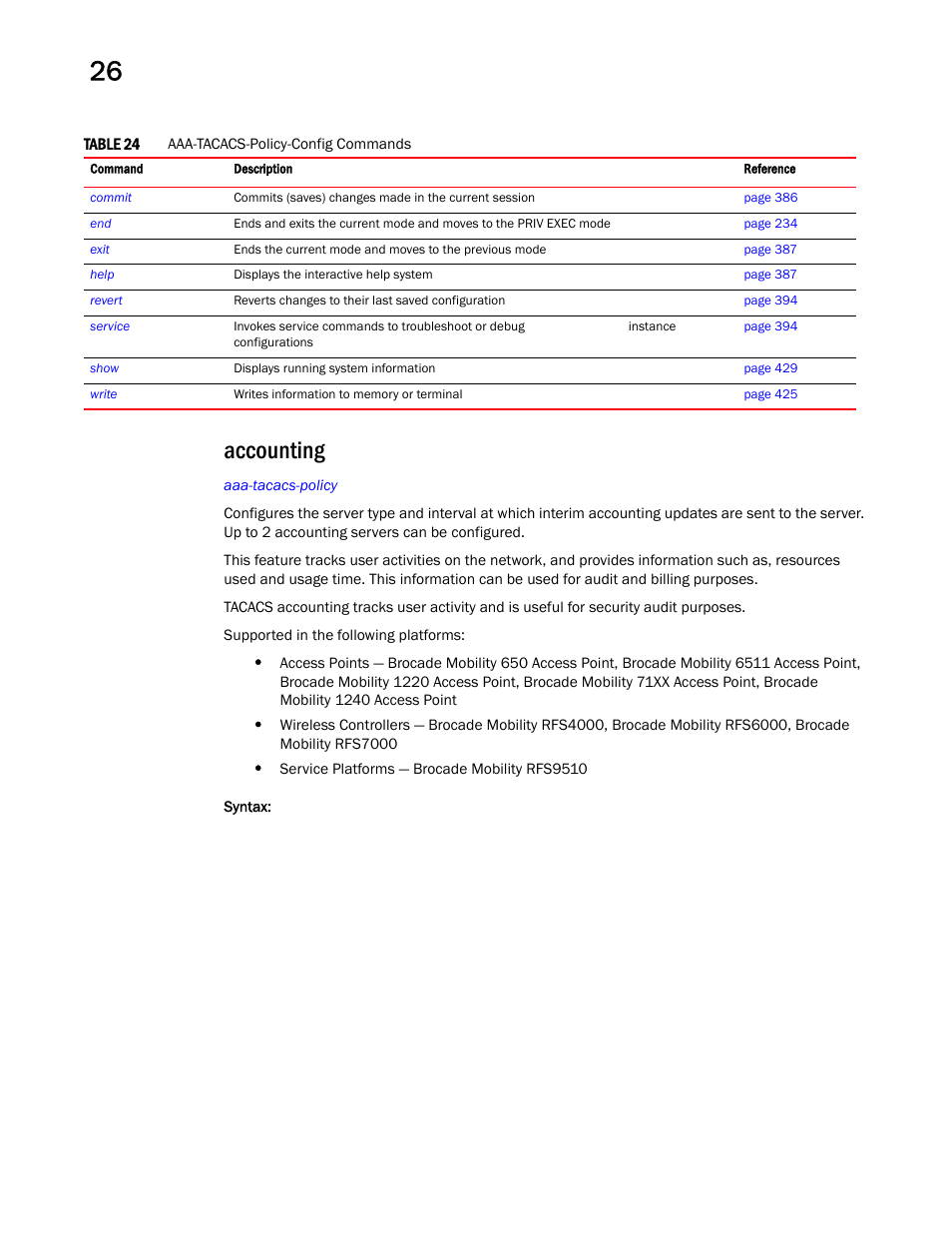 Accounting | Brocade Mobility RFS Controller CLI Reference Guide (Supporting software release 5.5.0.0 and later) User Manual | Page 1264 / 1355