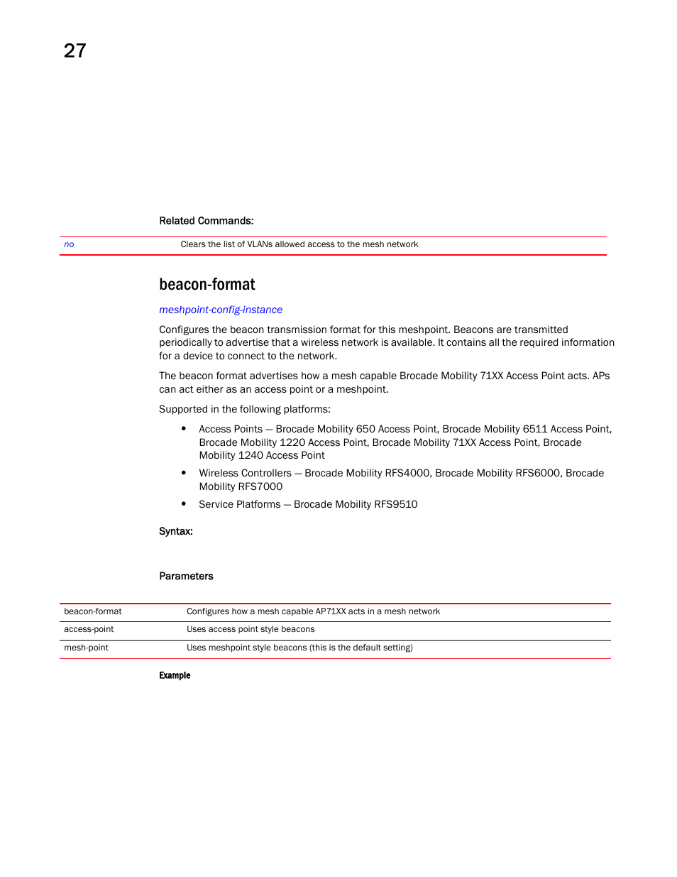 Beacon-format | Brocade Mobility RFS Controller CLI Reference Guide (Supporting software release 5.5.0.0 and later) User Manual | Page 1276 / 1355