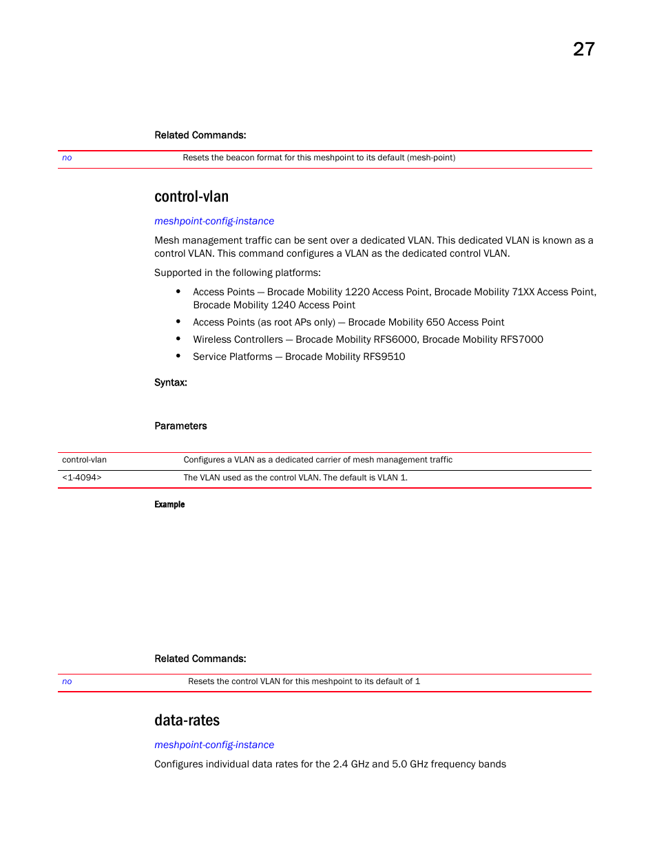 Control-vlan, Data-rates | Brocade Mobility RFS Controller CLI Reference Guide (Supporting software release 5.5.0.0 and later) User Manual | Page 1277 / 1355