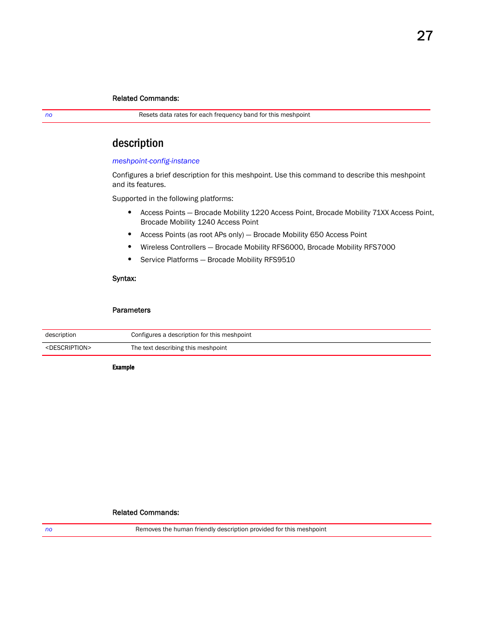 Description | Brocade Mobility RFS Controller CLI Reference Guide (Supporting software release 5.5.0.0 and later) User Manual | Page 1281 / 1355