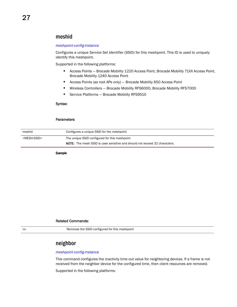 Meshid, Neighbor | Brocade Mobility RFS Controller CLI Reference Guide (Supporting software release 5.5.0.0 and later) User Manual | Page 1282 / 1355