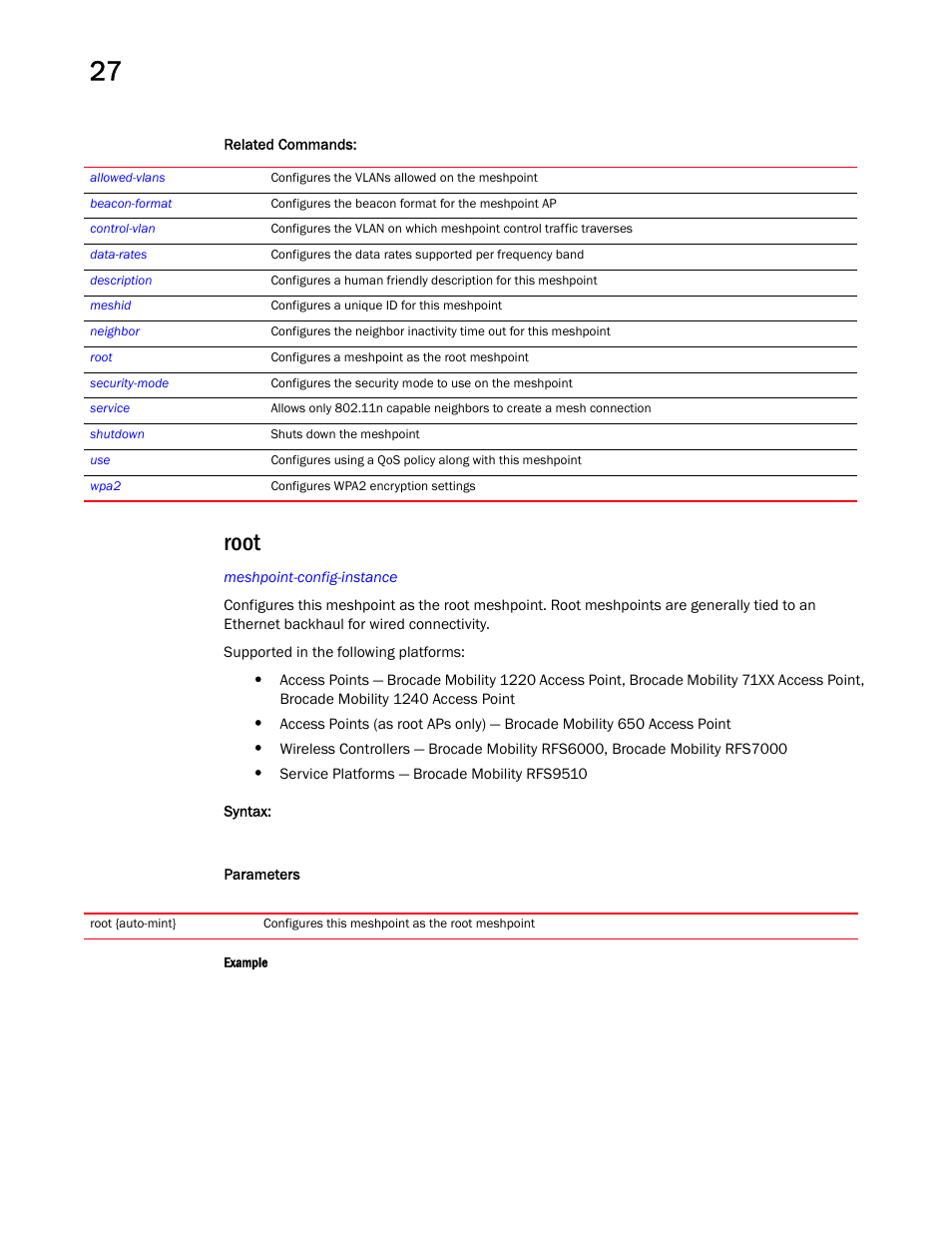 Root | Brocade Mobility RFS Controller CLI Reference Guide (Supporting software release 5.5.0.0 and later) User Manual | Page 1286 / 1355