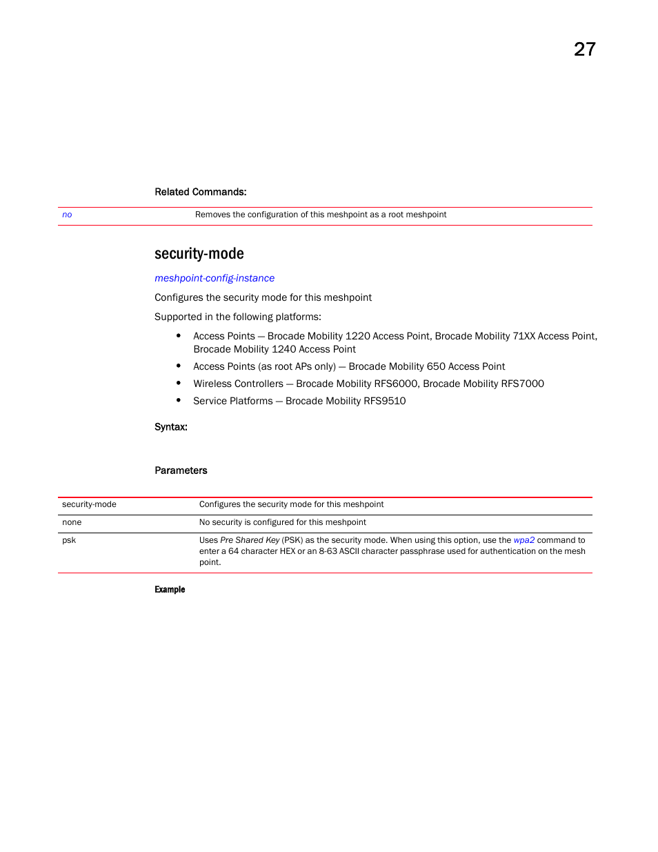 Security-mode | Brocade Mobility RFS Controller CLI Reference Guide (Supporting software release 5.5.0.0 and later) User Manual | Page 1287 / 1355
