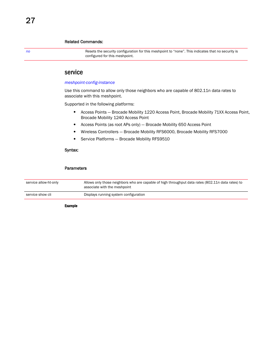 Service | Brocade Mobility RFS Controller CLI Reference Guide (Supporting software release 5.5.0.0 and later) User Manual | Page 1288 / 1355