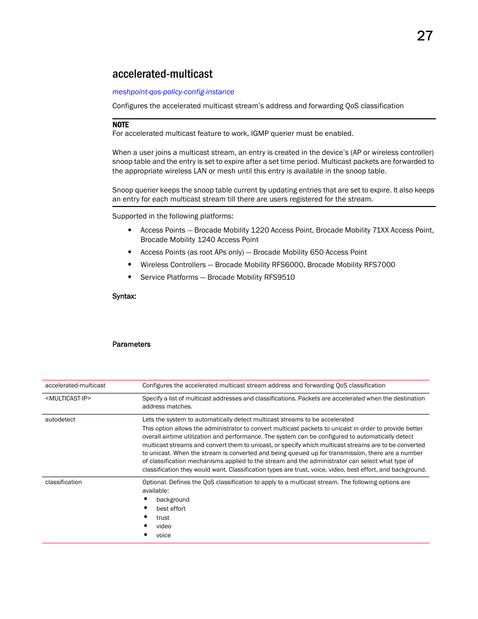 Accelerated-multicast | Brocade Mobility RFS Controller CLI Reference Guide (Supporting software release 5.5.0.0 and later) User Manual | Page 1293 / 1355